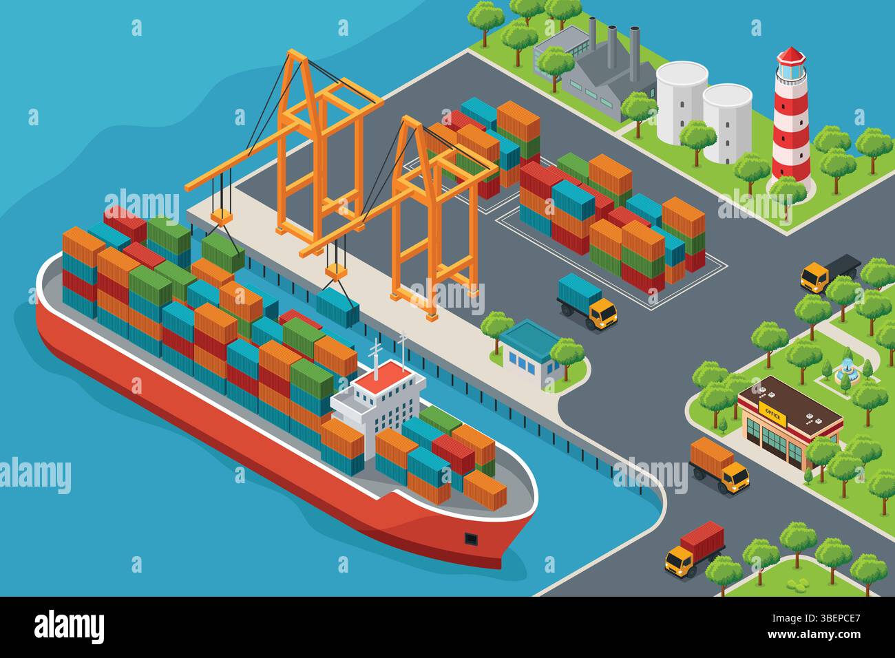 A vector illustration of Isometric Containers Cargo Ship at the Harbor ...