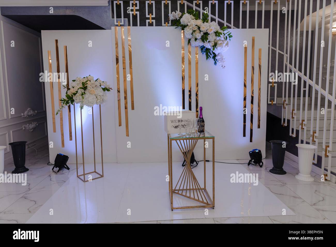 Backdrop Event Setup Elegant Wedding Backdrop Setup with White Floral Arrangements and Gold ...