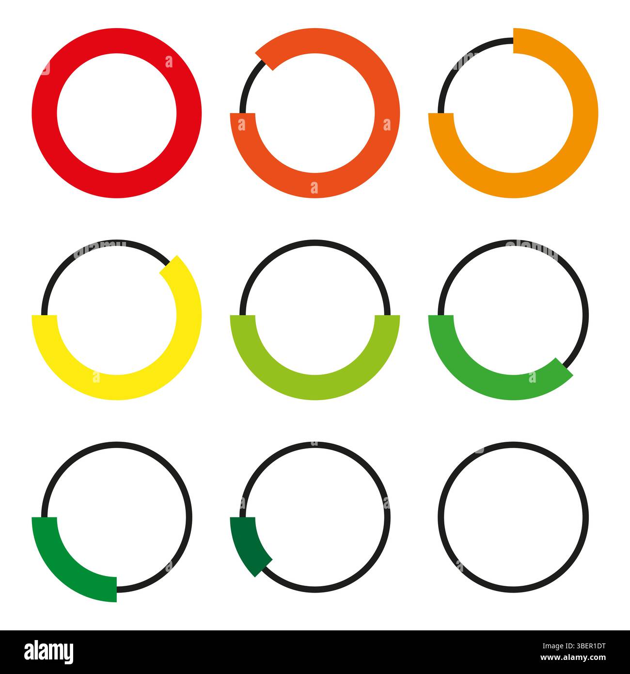 Circular loading icons. Vector progress rings. Color gradient indicators. Stepwise round sequence. Stock Vector