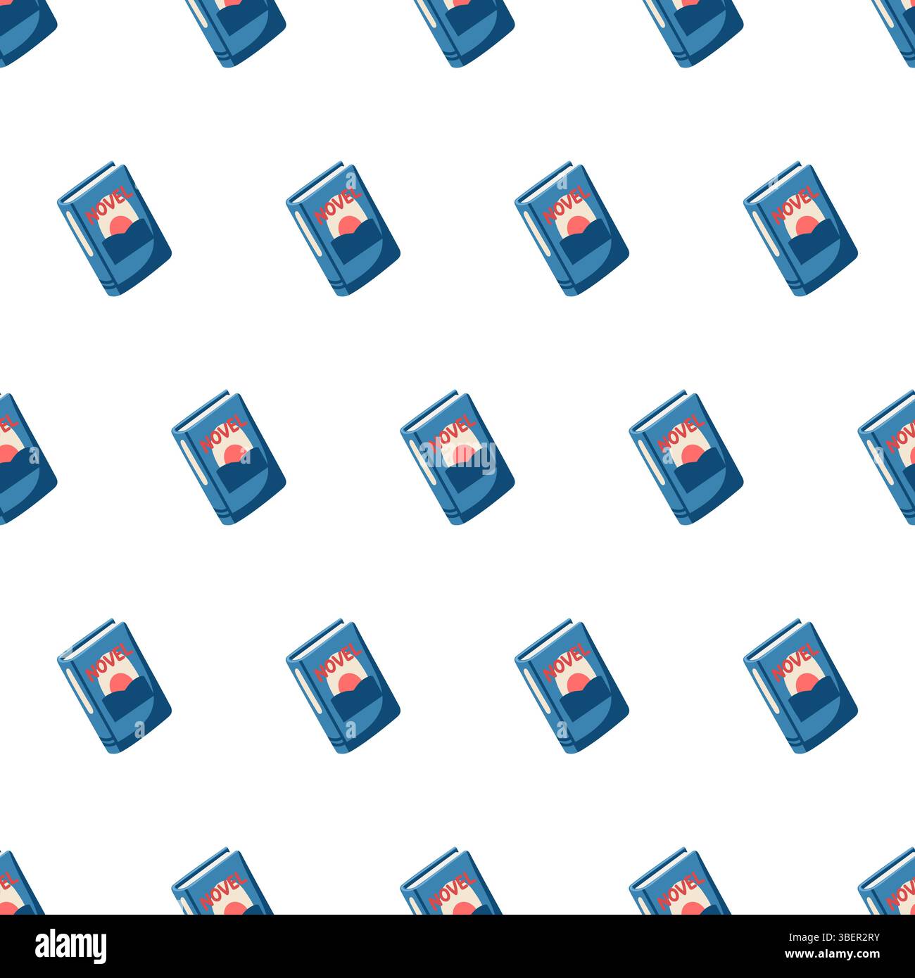 Seamless summer pattern with blue book on white background. Cartoon vector repeat background Stock Vector