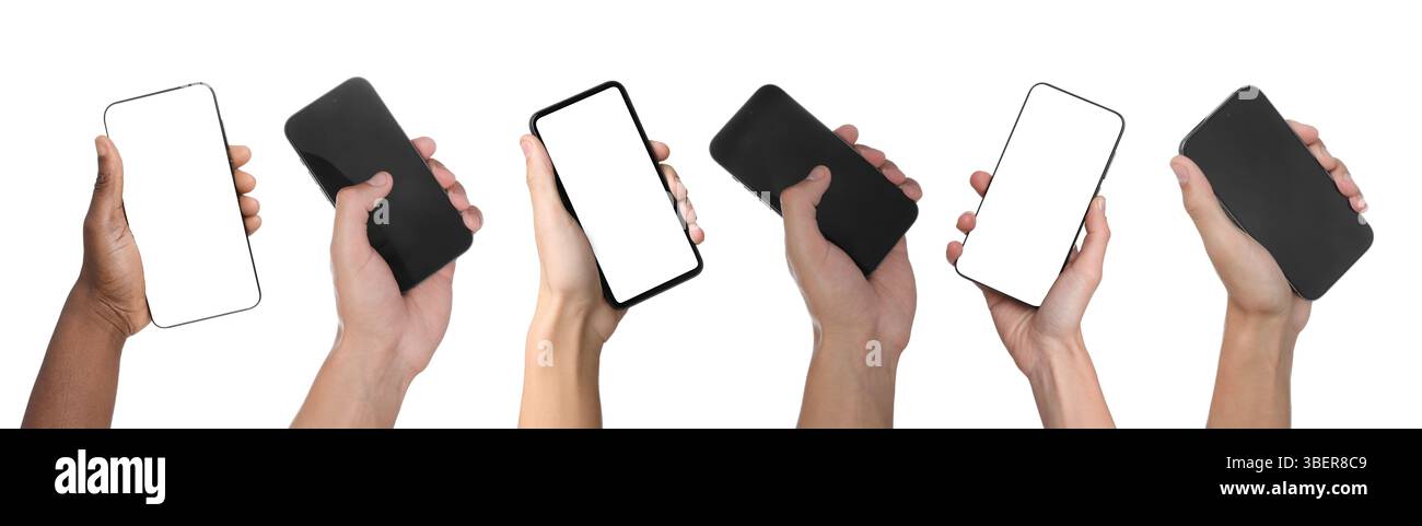 People holding smartphones with blank screens on white background ...