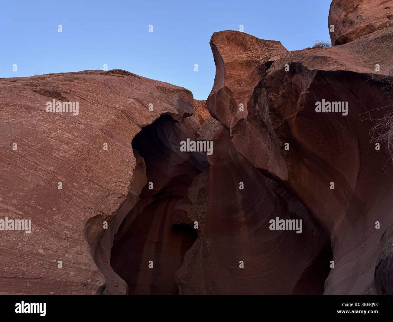 Curved red sandstone walls of Antelope Canyon, Arizona, carved by flash floods and wind, showcasing natural erosion and layered textures. - Smartphone Captured Stock Image