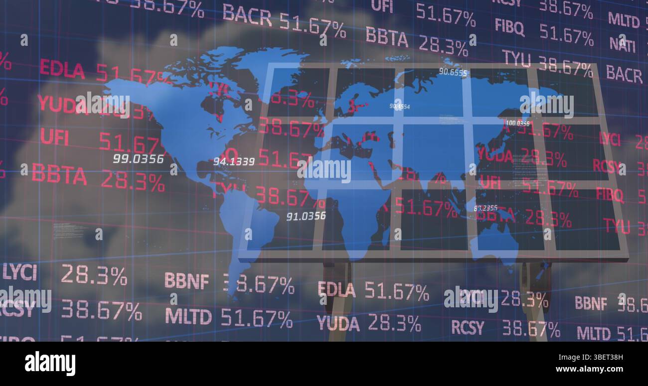 Image of world map, financial data and graphs over solar panels Stock ...