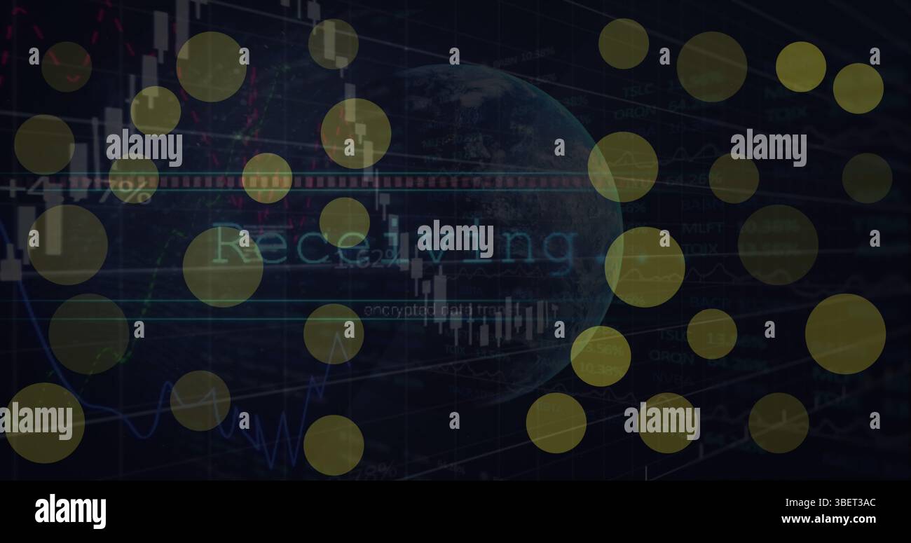Image of dots blinking over graphs and globe on black background Stock Photo