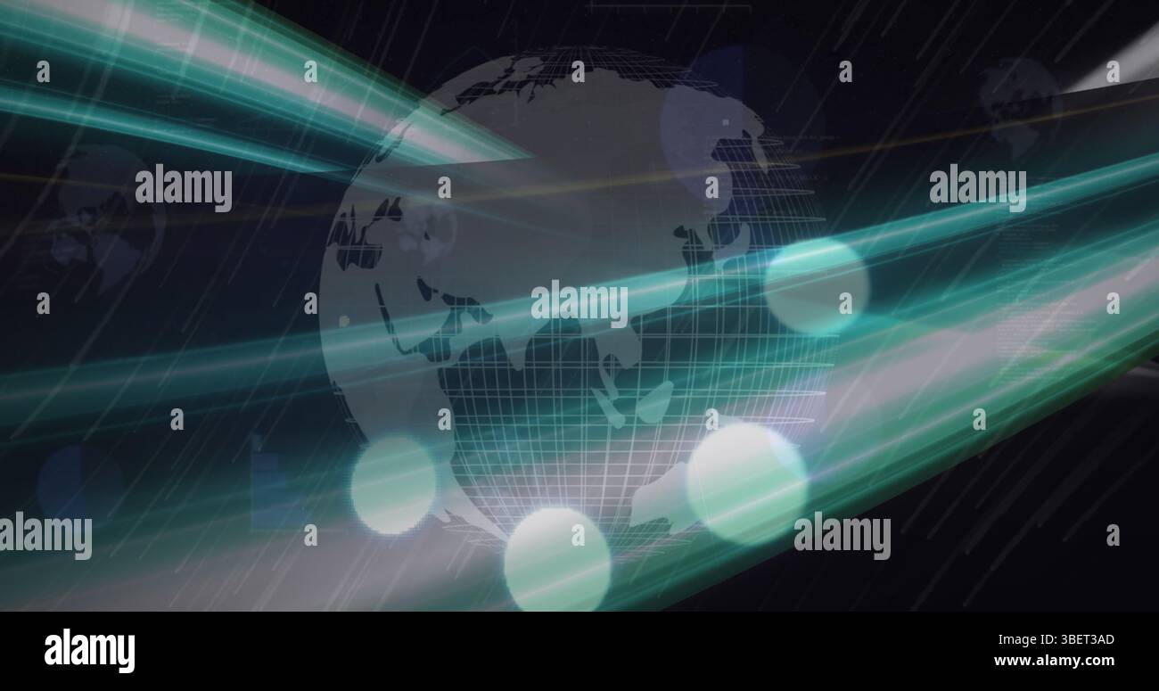 Image of dots blinking over globe on black background Stock Photo
