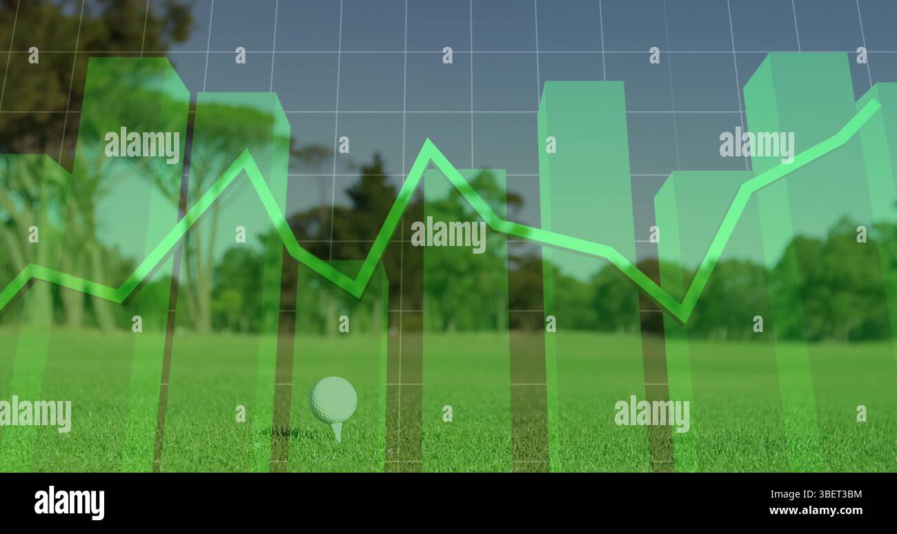 Image of statistical data processing over mid section of a man playing golf at golf course Stock Photo