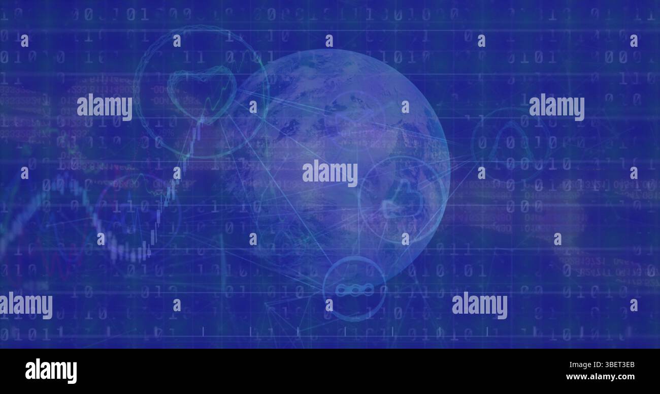 Image of network of digital icons and binary coding and globe against ...