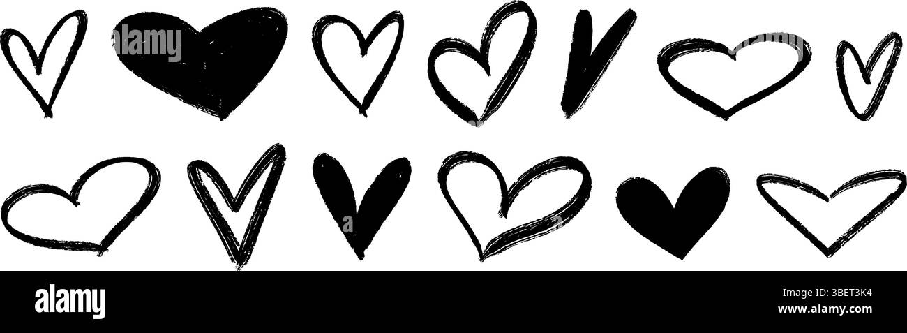 Black crayon hand drawn hearts set. Childish doodled heart collection ...