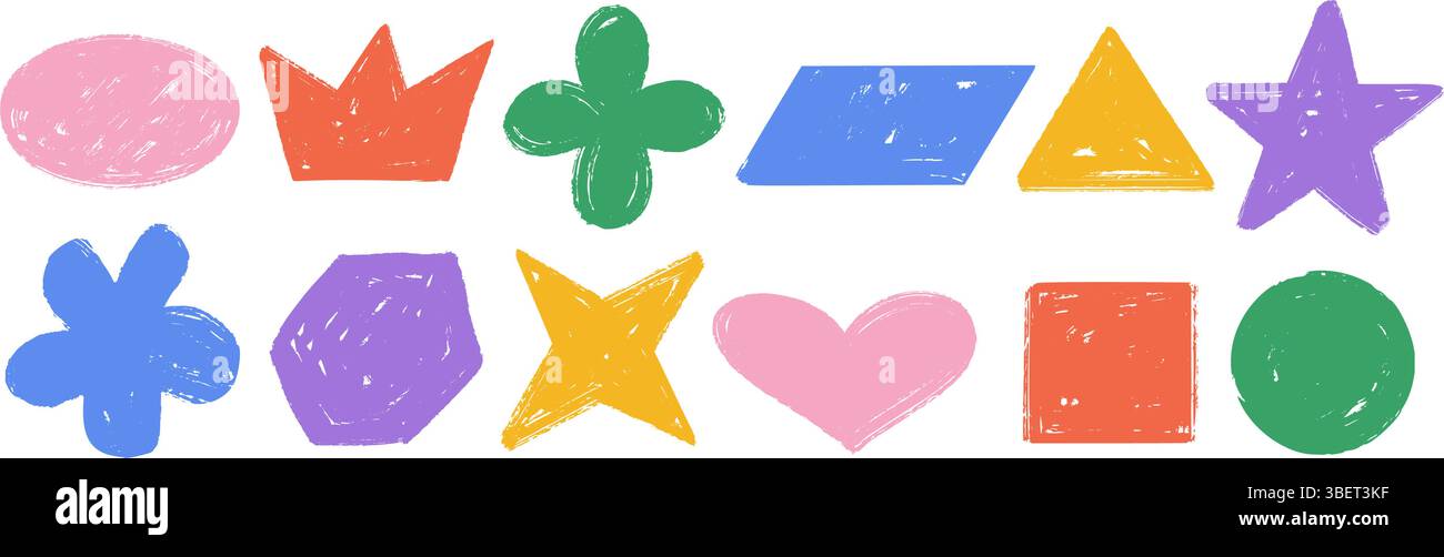 Colorful hand drawn crayon shape set. Bright charcoal doodle collection ...