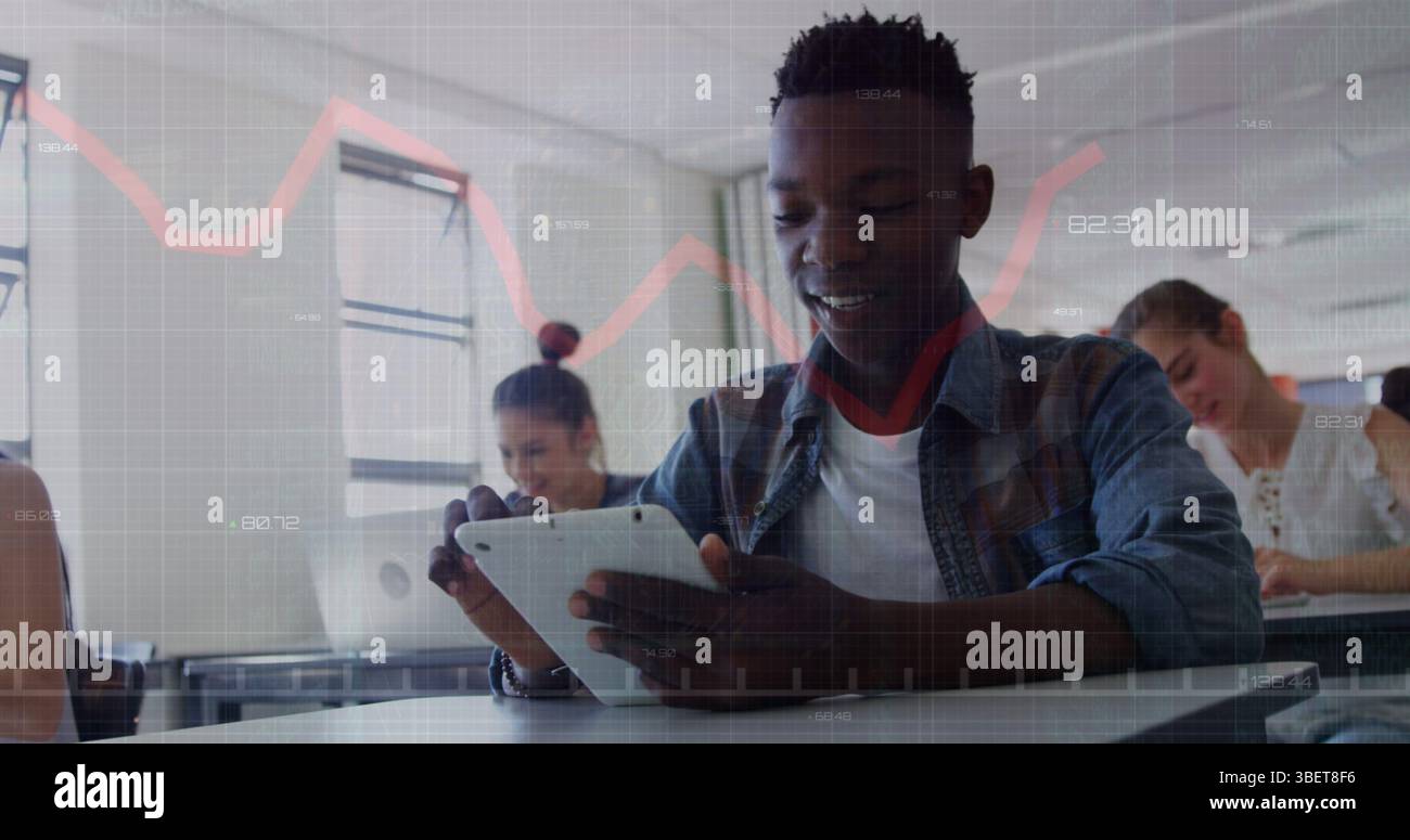 Image of data processing over diverse students using tablets and laptops Stock Photo