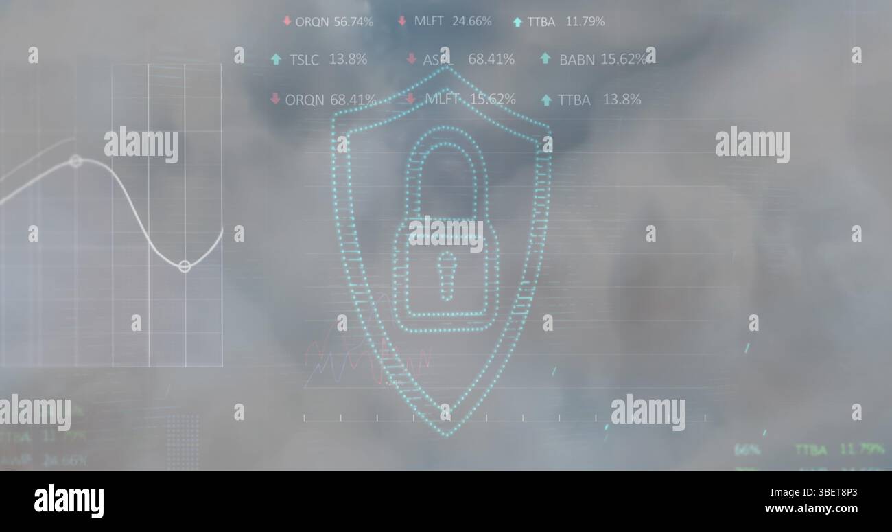 Security padlock icon and stock market data processing against clouds ...