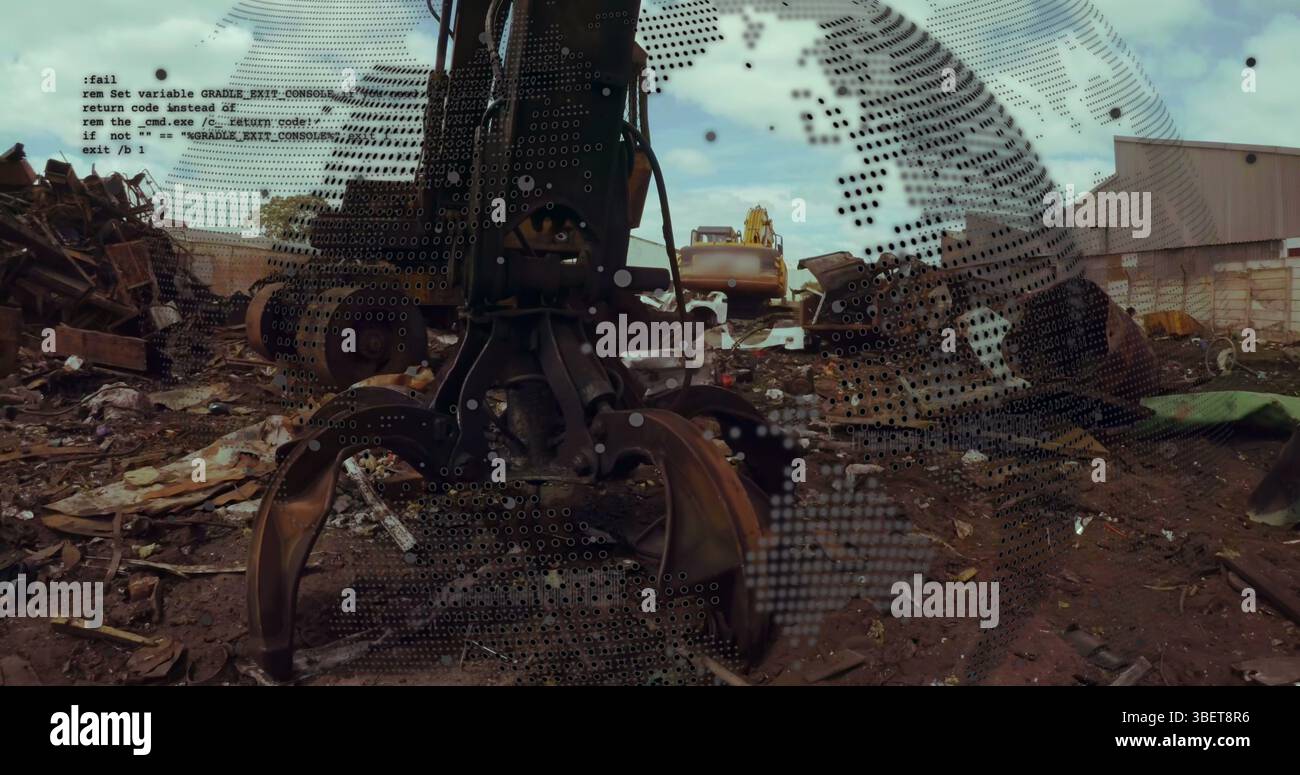Image of globe rotating and data processing over car junkyard Stock Photo