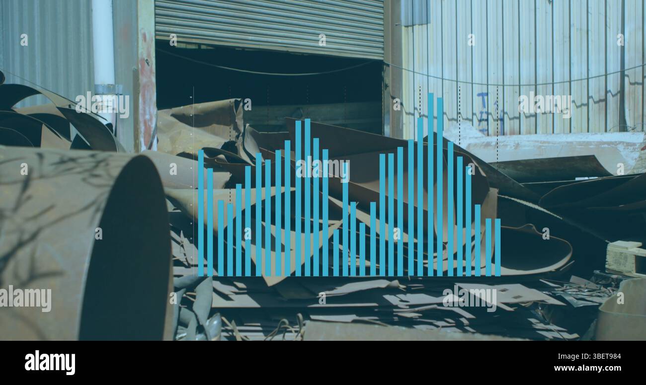 Image of statistical data processing over scrap at junkyard Stock Photo