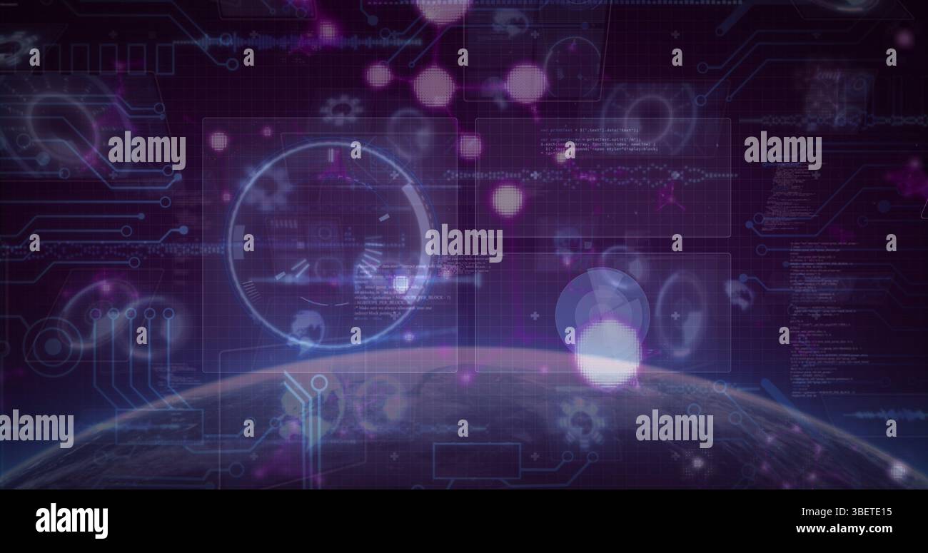 Image of molecules over data processing and scope scanning on black background Stock Photo