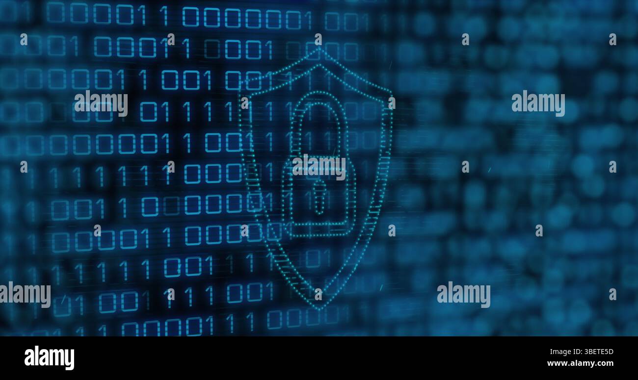 Image of binary code over lights and digital shield with padlock Stock Photo