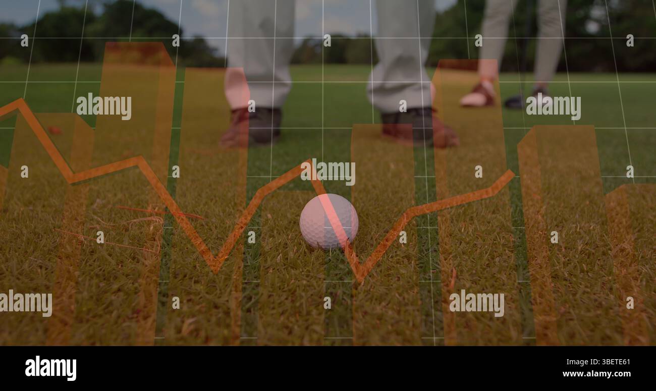 Image of statistical data processing over mid section of a man playing golf at golf course Stock Photo