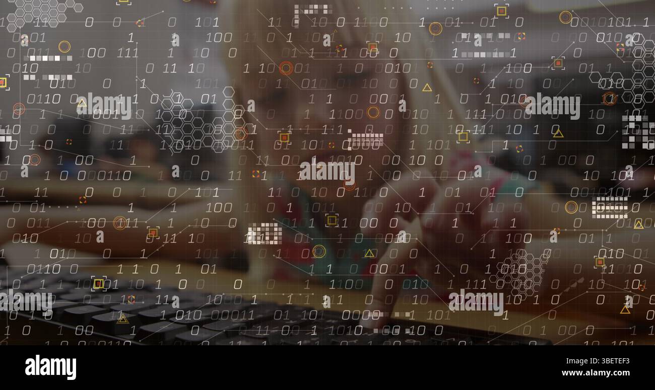 Image of data processing and abstract shapes against caucasian girl ...