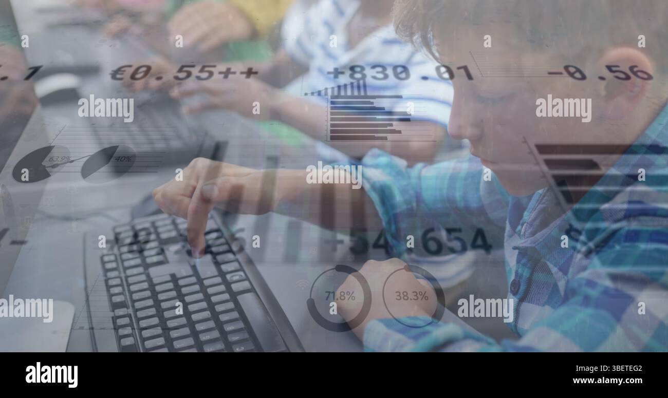 Image of data processing over diverse schoolchildren using computers Stock Photo
