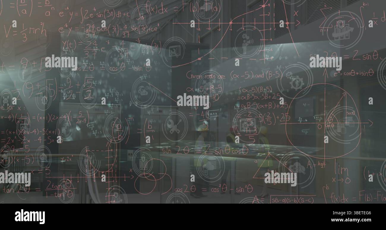 Image of falling icons over data processing on dark background Stock Photo