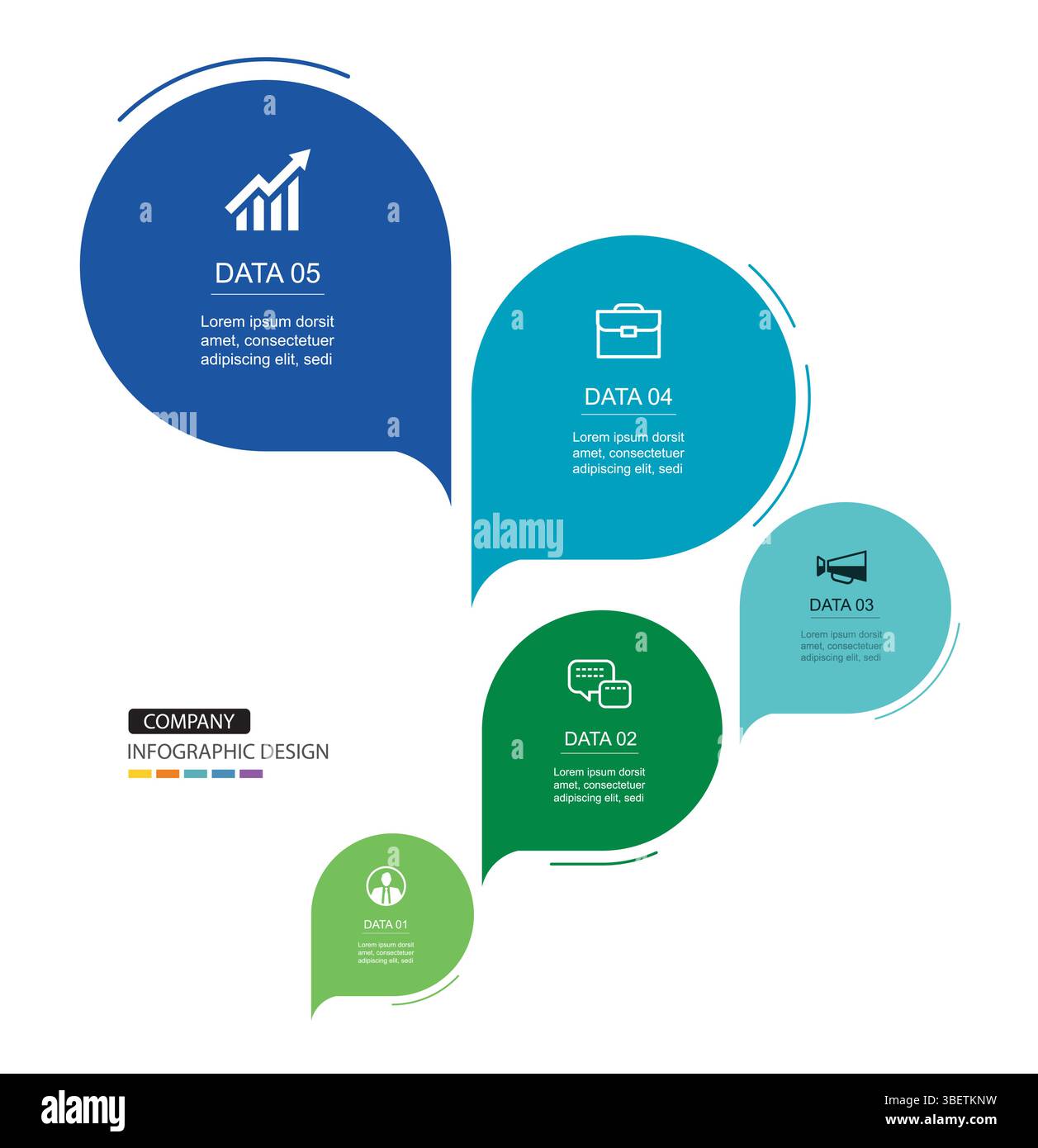 Infographics speech bubbles timeline with 5 number data template. Illustration abstract background. Stock Vector