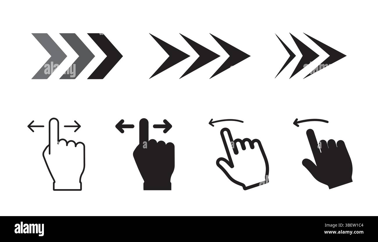 Set of Modern Swipe Gesture, Hand, and Arrow Vector Icons Best for UI/UX Design, Mobile Apps, Web Development, carousel design and post ads, Social Stock Vector