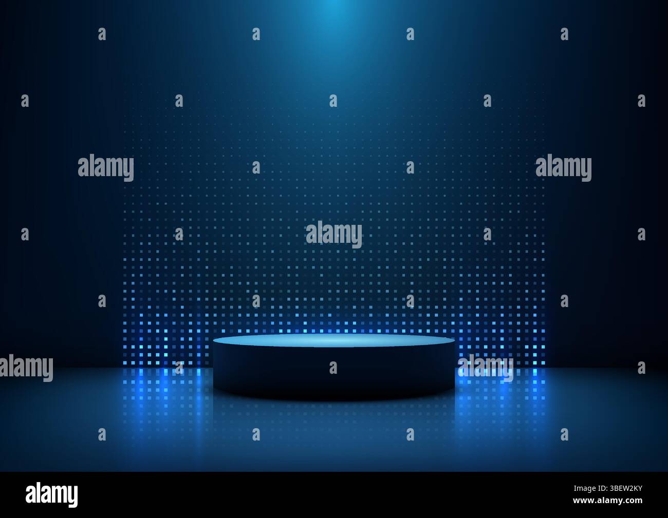 futuristic blue stage 3D cylindrical podium under spotlight, surrounded by glowing square patterns, tech concepts, product showcases, or corporate eve Stock Vector