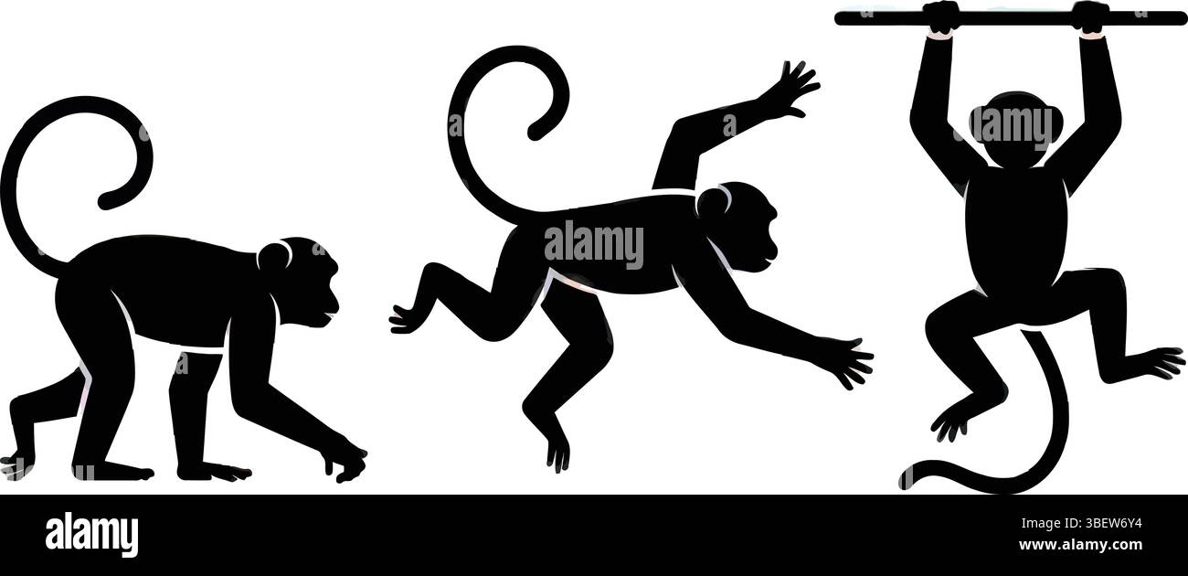 Three monkeys showing various movements in a simple black vector style Stock Vector