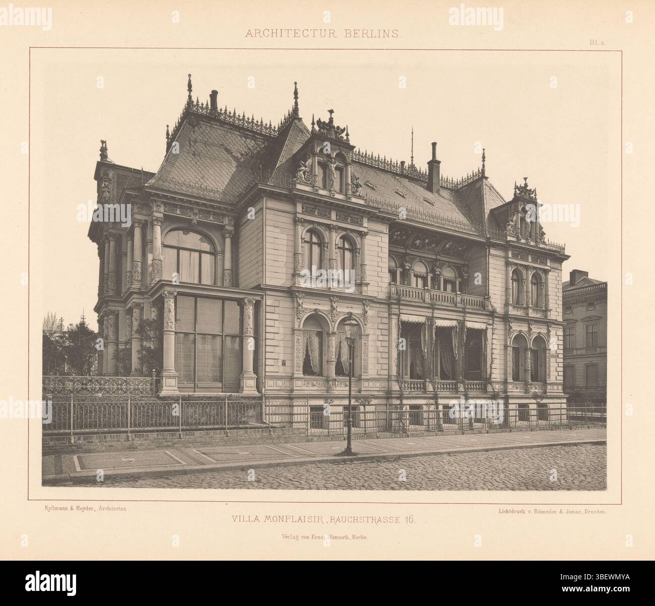 Berlin, Wasmuth, Ernst, Dresden, Römmler & Jonas, Berlin, Architectur Berlins, Villa Monplaisir, Rauchstrasse 16, View at Villa Monplaisir, Rauchstrasse 16 in Berlin, Germany, recto - printed, This print is part of a cover with 100 prints and six text sheets., photomechanical print, photomechanic print, photos, photographic illustrated books, Kyllmann & Heyden, Architecten., Bl. 5., height 227 mm, width 303 mm, photographer, 1872 - 1877, paper, collotype, light printing, clichémaker, Publication (Event), Publication, publisher Stock Photo