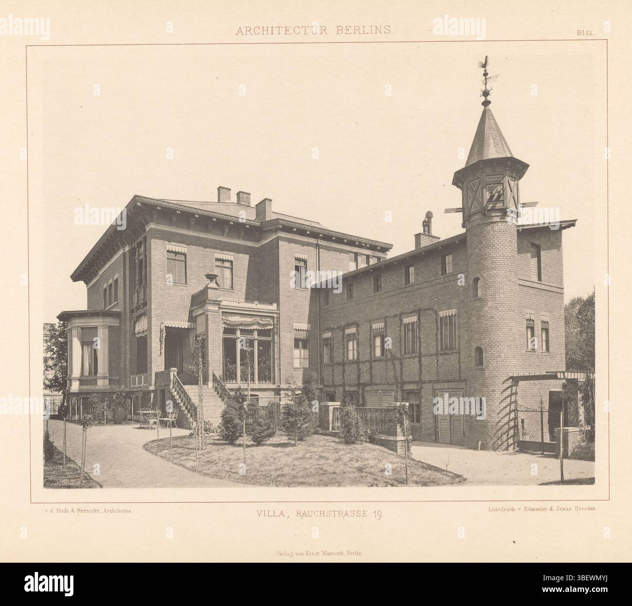 Berlin, Wasmuth, Ernst, Dresden, Römmler & Jonas, Berlin, Architectur Berlins, Villa, Rauchstrasse 19, View of a villa at the Rauchstrasse 19 in Berlin, Germany, recto - printed, This print is part of a cover with one hundred prints and six text sheets., photomechanical print, photographs, photographic illustrated books, v.d. Hude & Hennicke, Architects., Bl. 32, height 228 mm, width 291 mm, photographer, 1872 - 1877, paper, collotype, light printing, clichémaker, Publication (Event), Publication, publisher Stock Photo