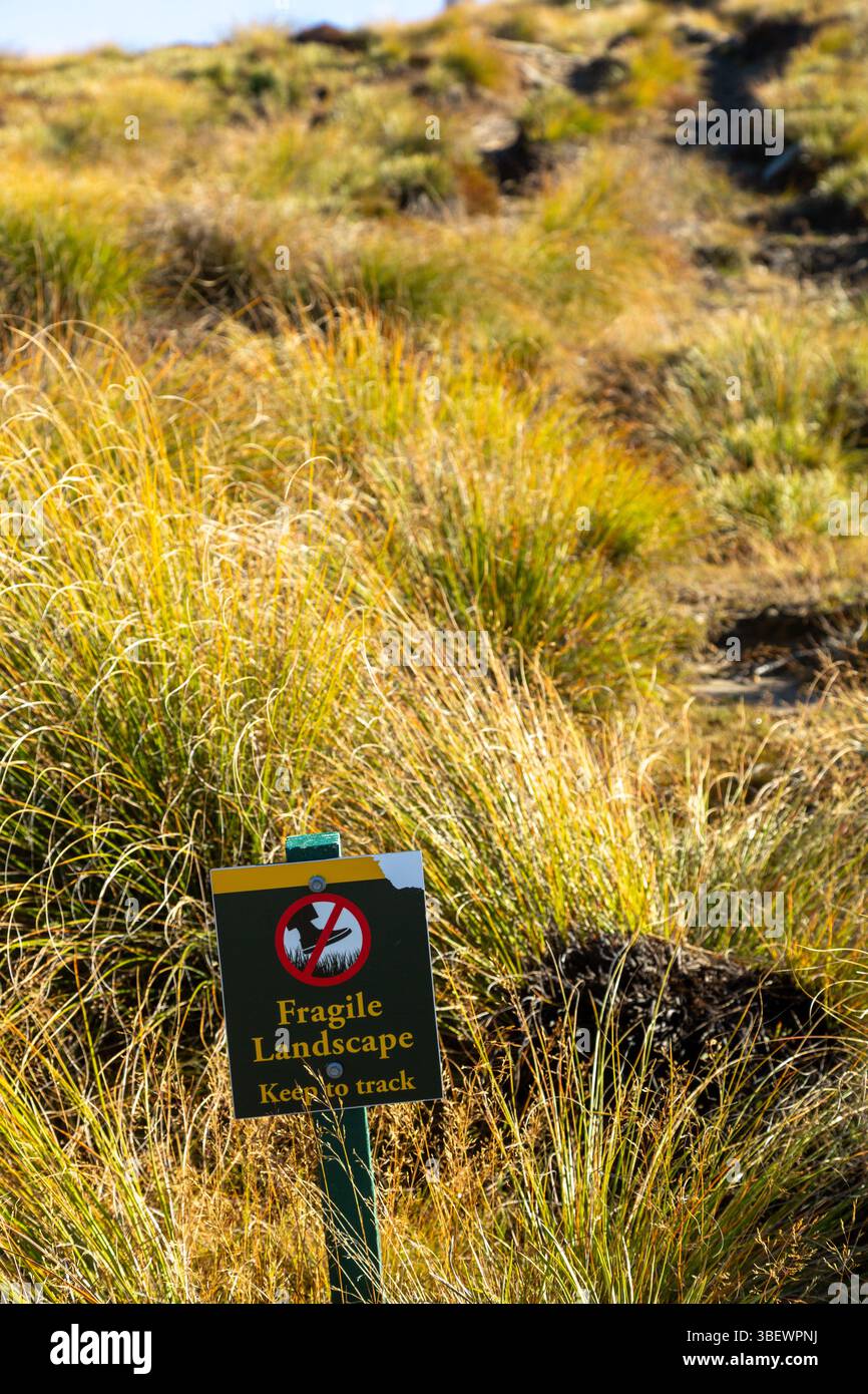 Fragile landscape sign on Ben Lomond asking walkers to Keep to Tack, Queenstown, Otago, New Zealand Stock Photo
