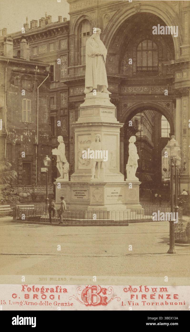 Milan, Brogi, Giacomo, Milano, Monumento a Leonardo da Vinci, View on the monument of Leonardo da Vinci in, verso - printed, cabinet photo, photos, Photographia Album/G. Brogi Firénze/ 15. Lung'Arno delle Grazie 1. Via Tornabuoni, recto - printed, 3899, A.C. de Roo, verso - handwritten, Souvenir de, Estese Collezioni/ di Vendute d'Italia, d'Égitto e di Palestine/ edile in diversi formati./ Photography di Disegnie Pitture riprodotte dagli originali/ grandissimi panorama di un sol pezzo/ Grandiosa collezione delle principali/ Pitture esistenti nelle Gallerie d'Europa tratta/ dalle migliori Stamp Stock Photo