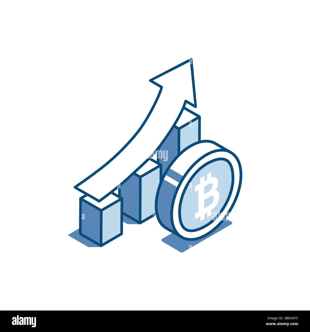 isometric vector linear icon of bitcoin coin and chart with up arrow, in color on white background, digital currency or profit in business Stock Vector