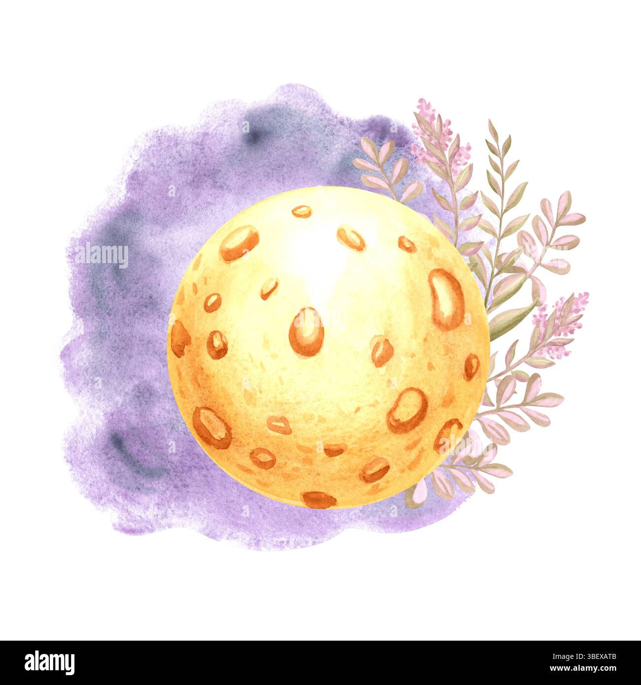 Yellow full moon with violet flower twigs in night sky watercolor isolated illustration for kids design. Cute hand drawn midnight luna of fairy dreams Stock Photo