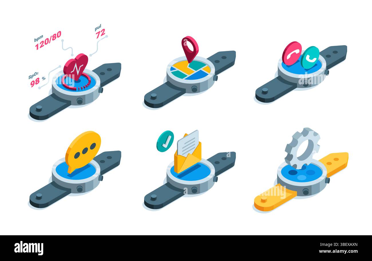 Isometric vector set of smartwatches with message and app icons, in color on white background, gadget for sports and work Stock Vector