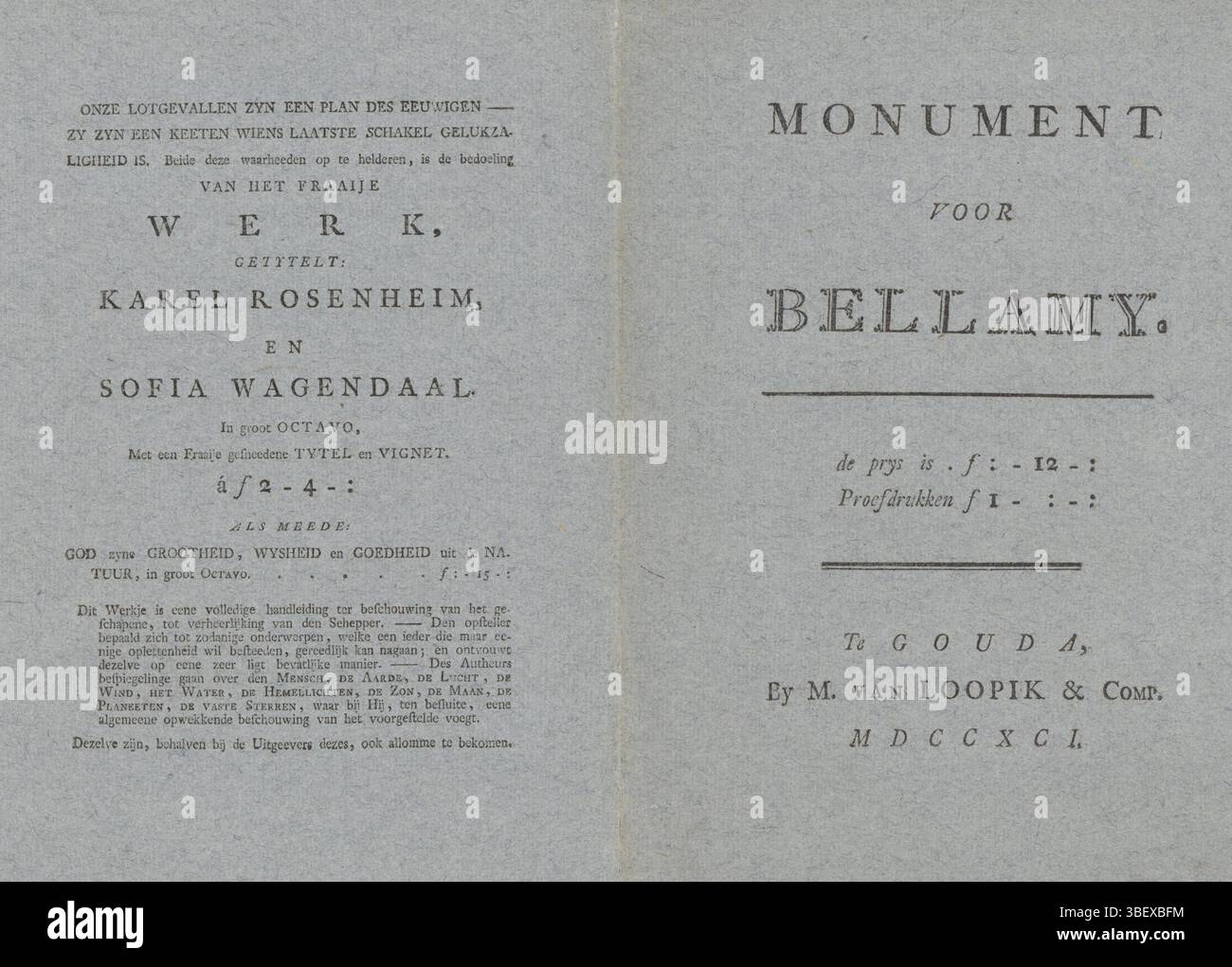 Gouda, Loopik & Comp., M. van, Cover belonging to the monument for the poet Jacques Bellamy, Gouda, verso - stamped, text sheet, cover, prints, height 294 mm, width 446 mm, Publication (Event), Publication, publisher, 1791 - 1791, paper, letterpress printing, bookprint Stock Photo