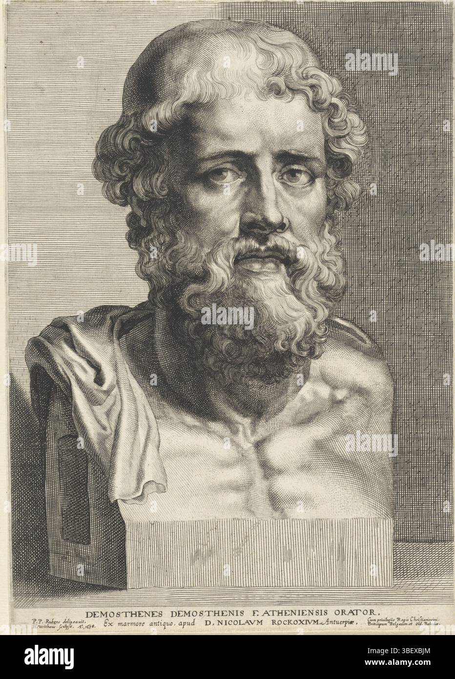 Spanish crown, Antwerp, Rubens, Peter Paul, Witduck, Hans, Antique bustes, Buste van Demosthenes, verso left bottom - stamped, print, height 330 mm, width 233 mm, Zuid-Nederlands, 1615, printmaker, 1638 - 1638, paper, engraving, engraving (printing process), 1577-06-28 - 1640-05-30, intermediate drawtsman, after drawing by, by image, supplier of privilege Stock Photo