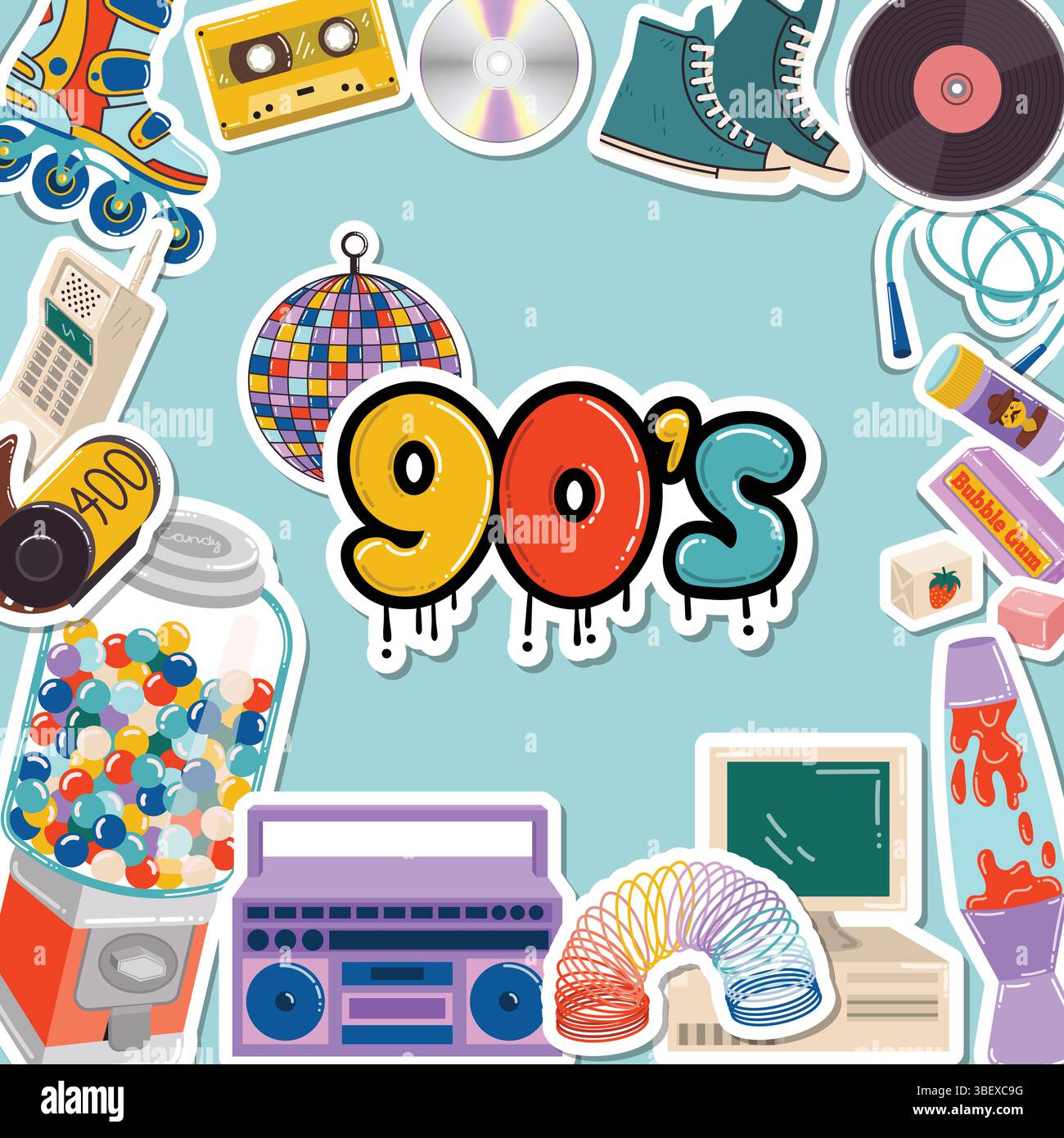 Cartoon flat style banner with 90s retro mood, framed with stickers ...