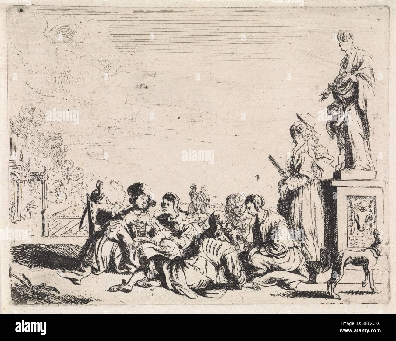 Italy, Wael, Cornelis de, Genretaferelen, Elegant company in garden, Italy, verso left bottom - stamped, An elegant company sits together on a path in a garden. On the right is a statue of Venus with Amor. A dog looks up to the image., print, height 116 mm, width 148 mm, Zuid-Nederlands, 1592-09-07 - 1667-04-21, printmaker, 1633 - 1648, paper, etching, etching Stock Photo