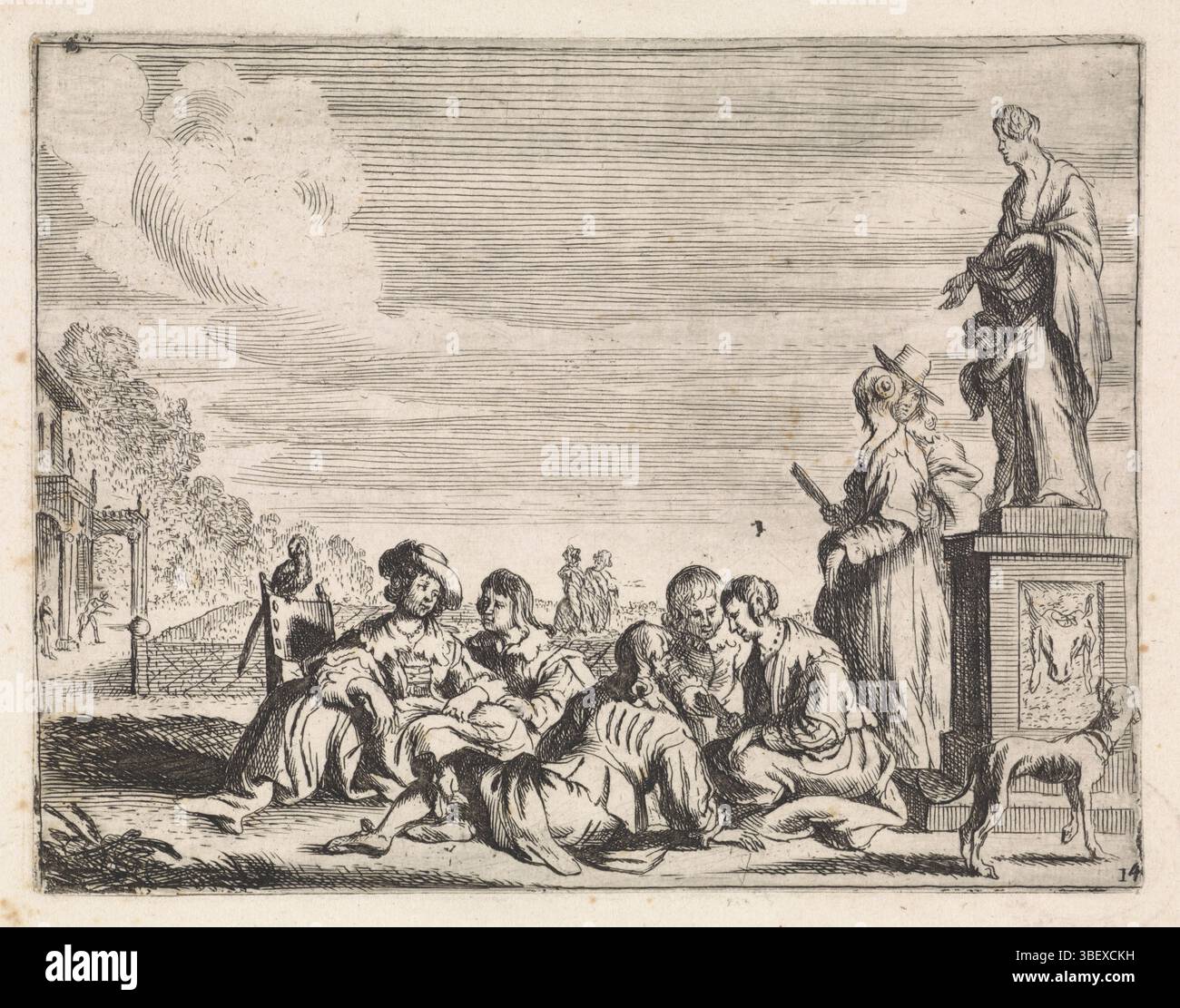 Italy, Wael, Cornelis de, Genretaferelen, Elegant company in garden, Italy, verso left bottom - stamped, An elegant company sits together on a path in a garden. On the right is a statue of Venus with Amor. A dog looks up to the statue. Lower right numbered: 14 (?)., print, height 116 mm, width 149 mm, South-Dutch, 1592-09-07 - 1667-04-21, print maker, 1630 - 1648, paper, etching, engraving, engraving (printing process) Stock Photo