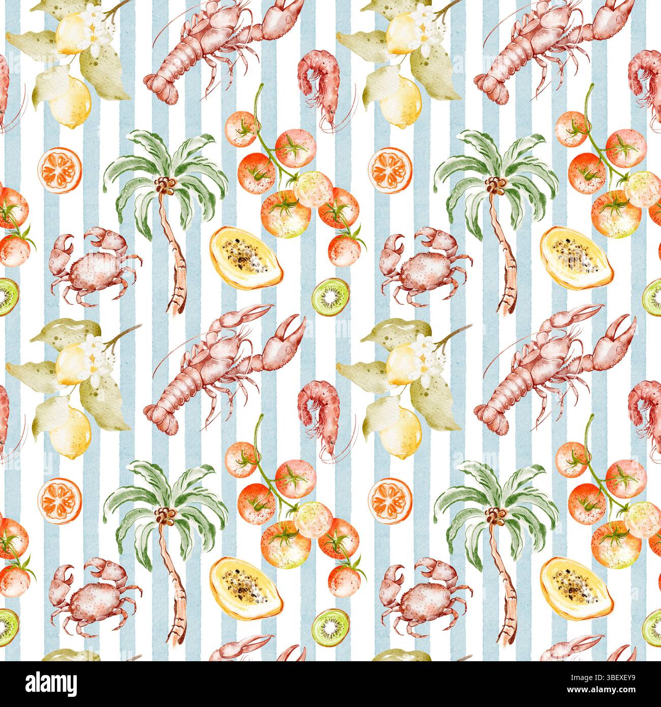 Mediterranean Seamless Watercolor Pattern with Seafood and Citrus on ...