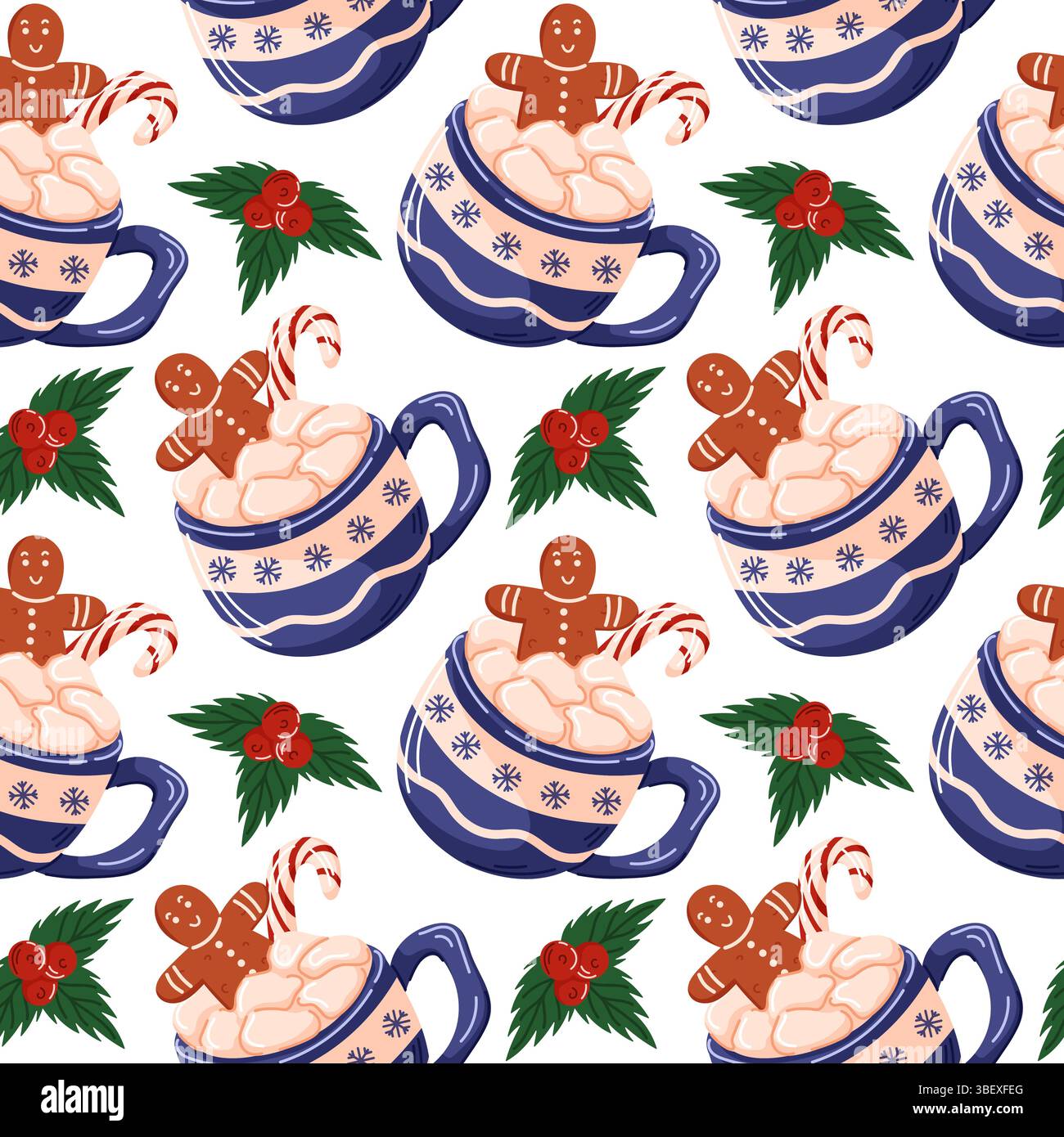 Seamless pattern with festive mug filled with hot chocolate, marshmallow, gingerbread cookie man, candy cane and fir leaves in cartoon style. Design Stock Vector