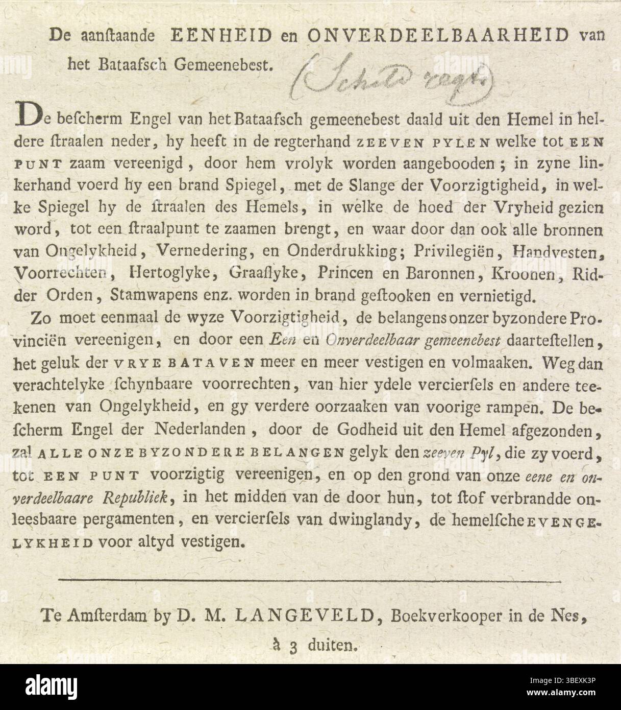 Amsterdam, Langeveld, Dirk Meland, The Upcoming Oneness and Distribubility of the Bataafs Gemeentemuseum, Next Unity and Distribubility of the Bataafs Commonwealth, decoration at the Town Hall on Dam Square, 1795 (explanation), Amsterdam, vero - stamped, Text Sheet explaining the presentation of the Next Unity and Indistributability of the Bataafs Commonwealth, allegorical decoration on the façade of the Town Hall on Dam Square in Amsterdam. Probably belonging to a separate edition of the loose plates of decorations established in the city at the celebration of the installation of the represen Stock Photo