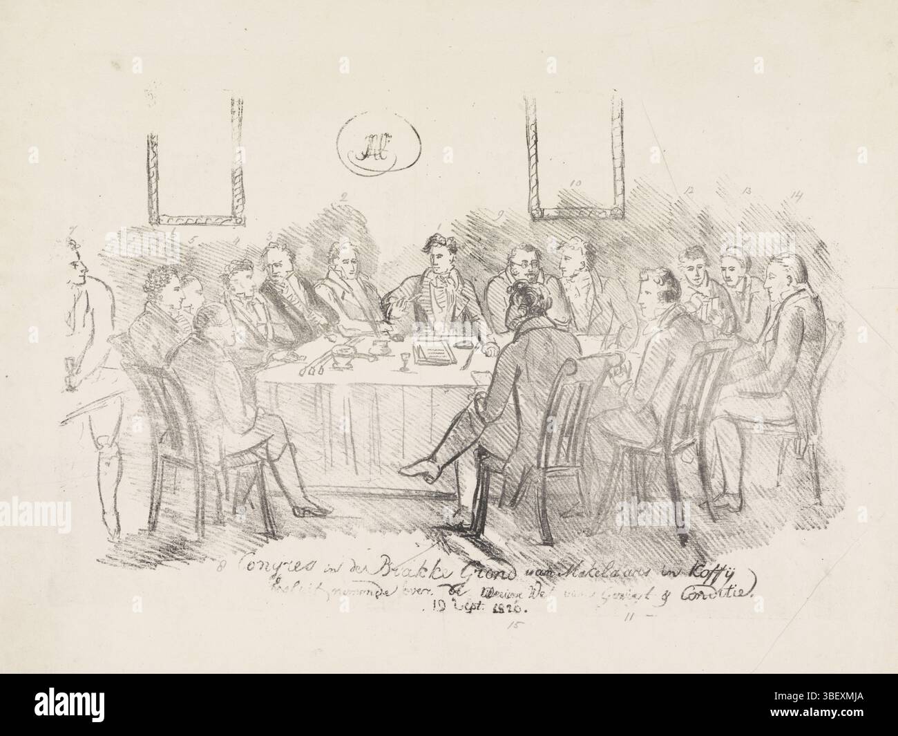 The Netherlands, Heintzen, Julianus Amtonius, Congress in de Brakke Grond van Real Estateraars in Koffij, deciding on the new Law of Gewigt and Condition, 19 Sept. 1820, Meeting of coffee brokers in de Brakke Grond in Amsterdam, 1820, Netherlands, verso - stamped, Meeting of brokers in coffee in the inn de Brakke Grond aan de Nes in Amsterdam on 19 September 1820. A group of men sitting around a table. Central the chairman Sam. Voûte, on his left the artist J.A. Heintzen Jr. The depicted persons with pencil numbered 1-15, with the print a paper with a legend with the associated names., print, Stock Photo