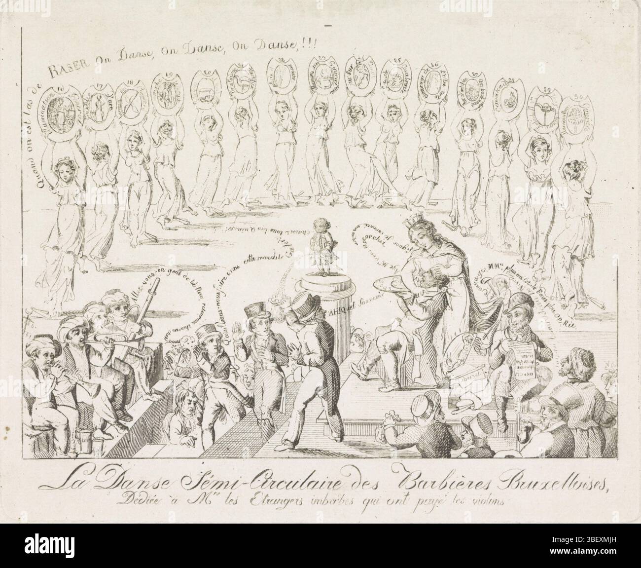 Belgium, La Danse Sémi-Circulare des Barbières Bruxelloises, Dédiée à Mrs les Etrangers imberbes qui ont payé les violons, Spotprent on the removal of foreigners to Brussels came for the celebration of the 450th anniversary of the Sacrament of Mirakel, 1820, Belgium, verso - stamped, Several foreign visitors (tourists) are shaved and robbed by the Brussels city virgin. Manneken Pis pees in the empty cash bag of an already shaved man. In the background a row of women dancing with shaving basins in their hands. On the left a group of musicians dressed as Arabs. Visitors had come to Brussels for Stock Photo