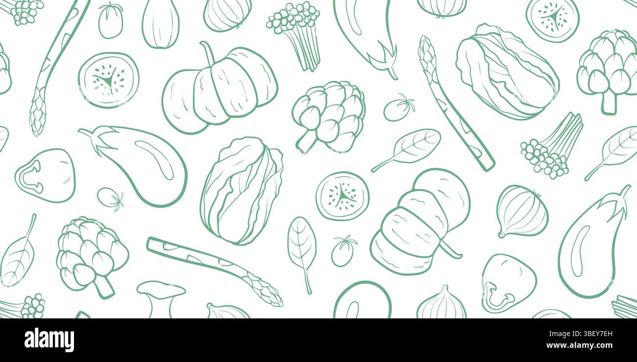 A seamless vegetable pattern in doodle hand-drawn style, featuring ...