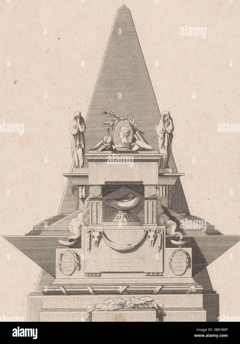 Augsburg, Riedel, Gottlieb Friedrich, Sallembier, Henri, Tombeau Antique, Tombe with standing figures and medallion, Augsburg, A tomb with obelisk, two standing figures on either side of a medallion with portraits, two smoking vessels, skulls with guirlande and two medallions., print, ornament prints, prints, height 216 mm, width 180 mm, printmaker, 1777 - 1784, paper, etching, work conception, French, 1753 - 1820-10-01, according to design, Publication (Event), Publication, German, 1724 - 1784, publisher Stock Photo