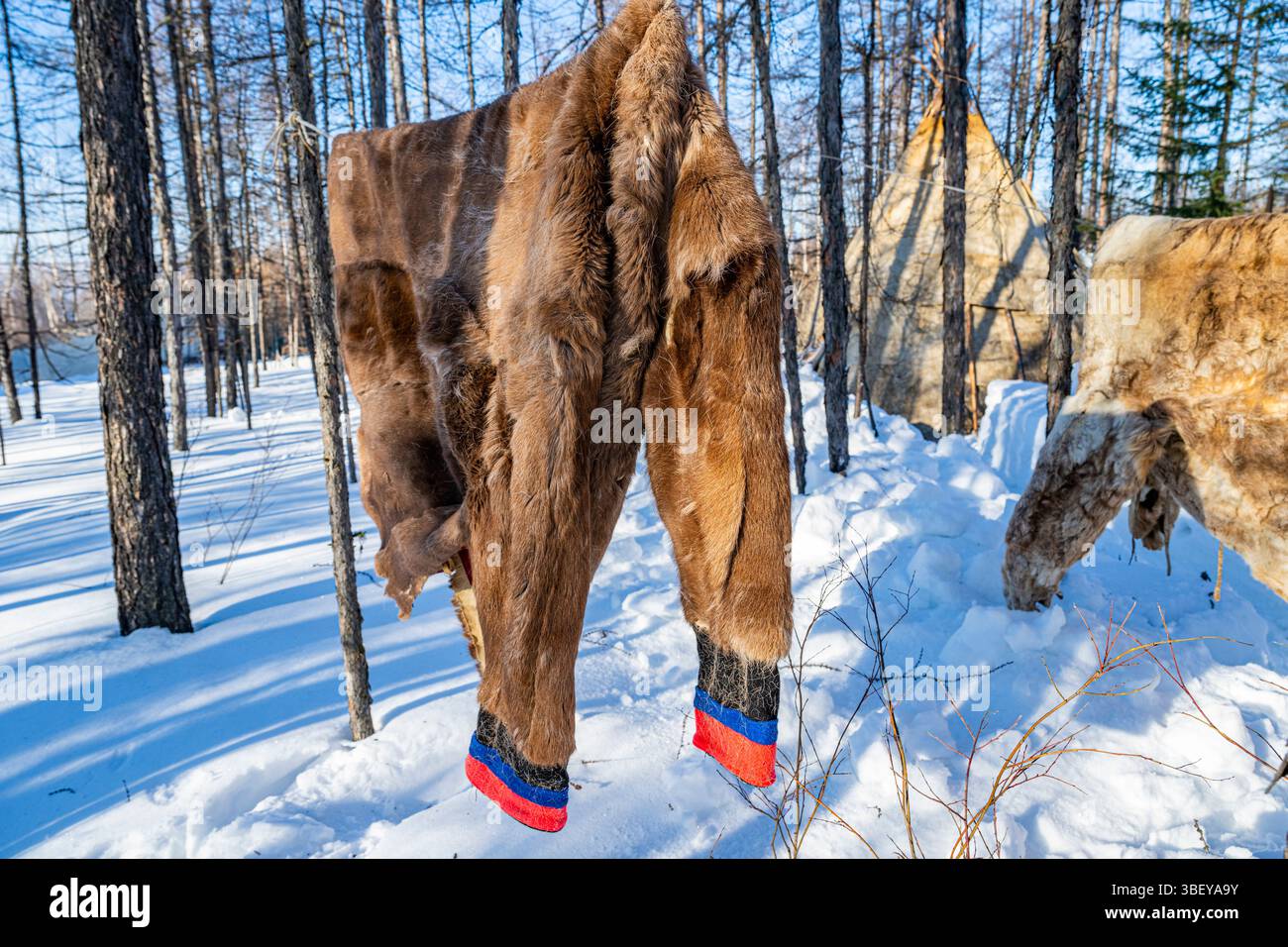 Evenki fur dress, Tura, Krasnoyarsk Krai, Evenki state, Russia Stock Photo