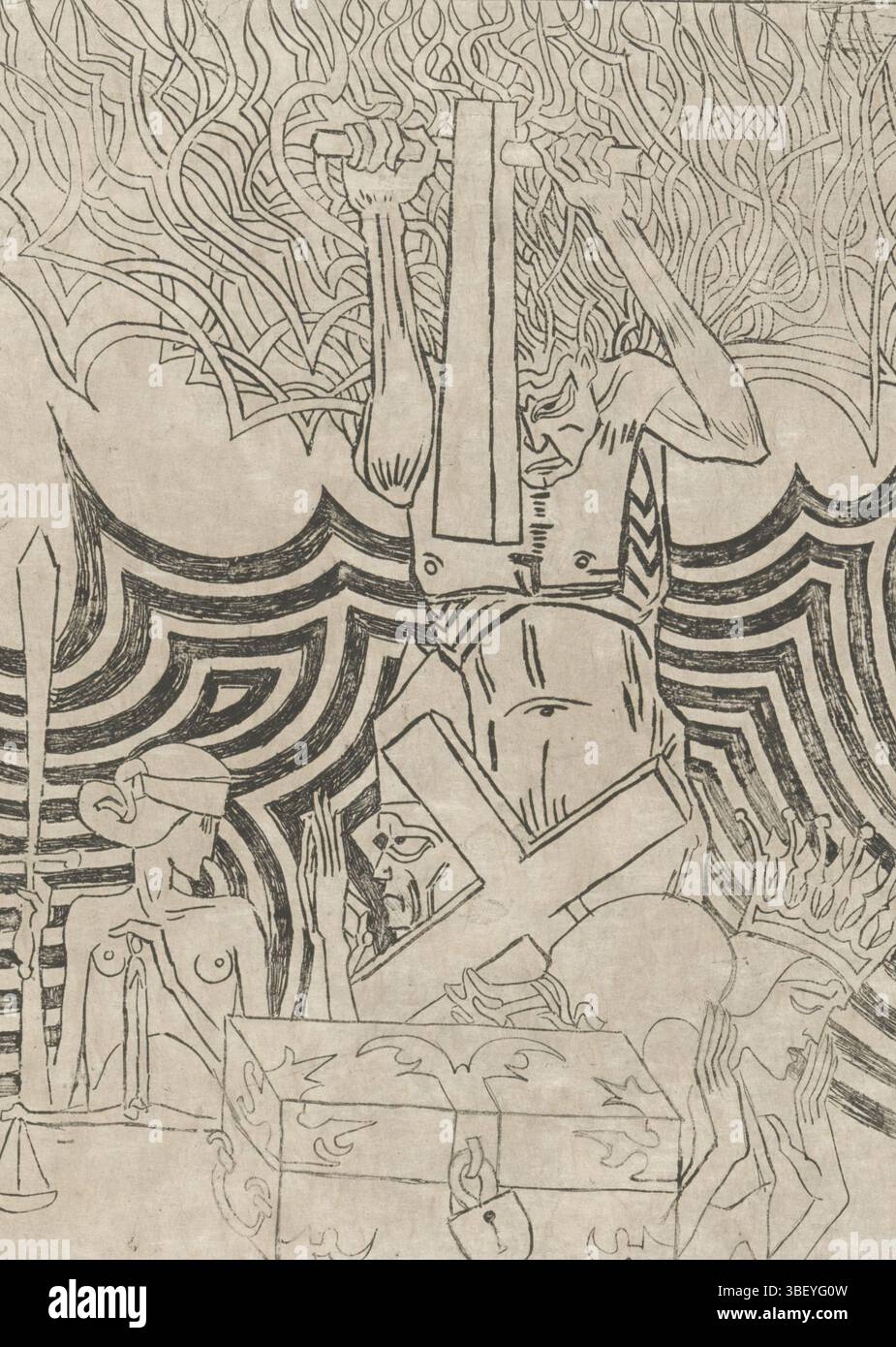 Toorop, Jan, De Anarchist, De Anarchie, verso - stamped, The Anarchy, a  ravage with flaming hair, seeks to destroy the state, symbolized by the  king and treasury, and the church, symbolized by, image size:925x1390