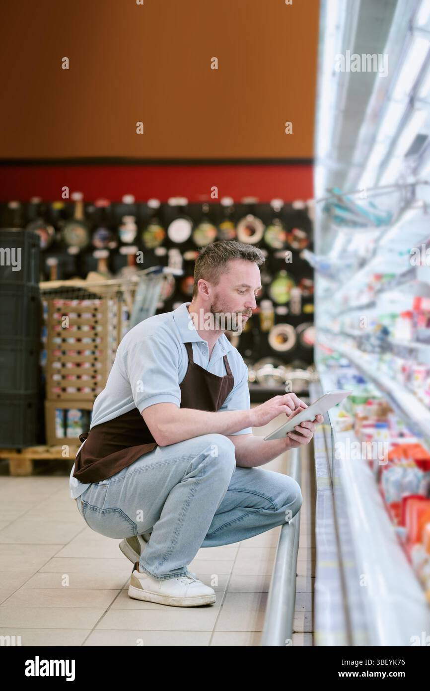 Employee wearing apron crouching by refrigerated section in grocery ...
