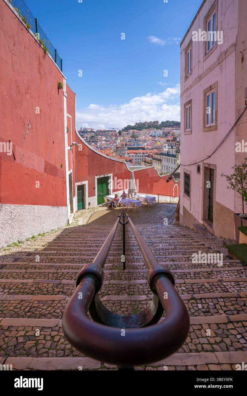 View of cafe and steps in Lisbon city centre, Lisbon, Portugal, Europe Stock Photo